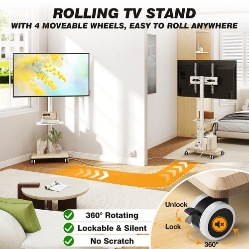 5Rcom Rolling TV Stand with Power Outlet for 32-60 inch TVs, Swivel and Height Adjustable Mobile TV Stand with Shelf, Strong TV Cart on Wheels up to 88 lbs for Living Room, Bedroom and Office, White