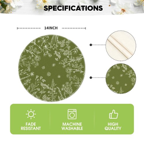 Artoid Mode Antique Herbs and Wild Flowers Spring Round Placemats Set of 4, 14 Inch Summer Round Table Mats for Dining Decoration