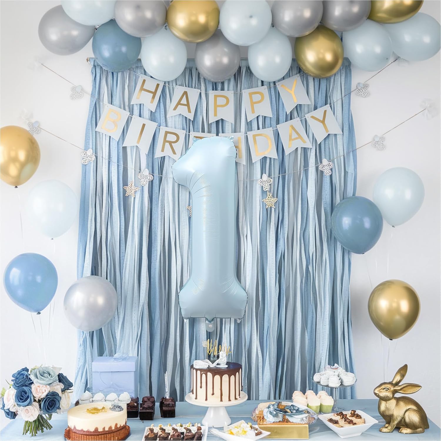 Skiennix Big Number 1 Balloon - Light Matte Sky Blue Foil 40 Inch Mylar Decor for 1st Birthday & Baby Shower