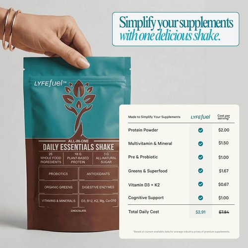 LyfeFuel Essentials Nutrition Shake - Plant-Based Protein Powder Meal Replacement | 18g Vegan Protein, 50+ Superfoods, 27 Vitamins & Minerals, Low Carb, Gluten-Free | 24 Servings Chocolate