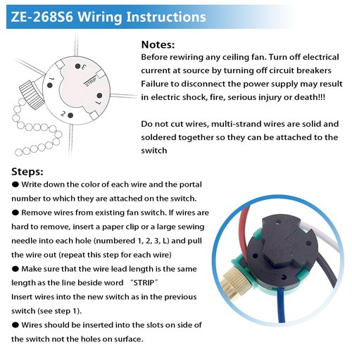 Zing Ear ZE-268S6 Switch Compatible with Hunter Ceiling Fan, 3 Speed 4 Wire Beaded Pull Chain Extension, Use for Ceiling Fans, Lamps and Wall Lights (Bronze Pull Chain)