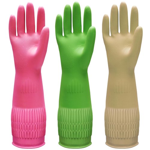Bamllum 3 Pairs of Rubber Dishwashing Gloves for Kitchen and Household Cleaning – Long Cuff 15", Reusable, Flexible Long-lasting and Non-Slip (Red+Yellow+Green, Large)