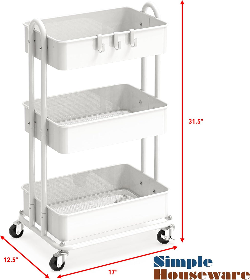 Simple Houseware 3-Tier Metal Utility Rolling Cart - Heavy Duty & Versatile, White Finish