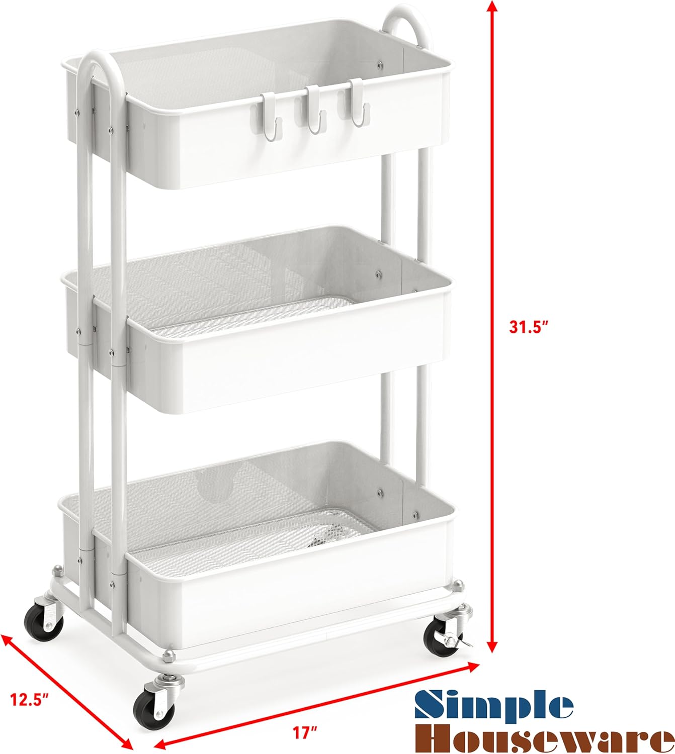 Simple Houseware 3-Tier Metal Utility Rolling Cart - Heavy Duty & Versatile, White Finish