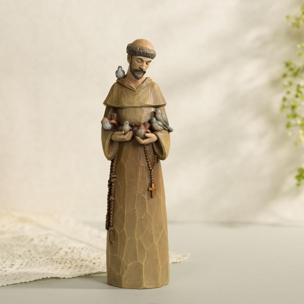 St. Francis Statue - 12-Inch Premium Resin Sculpture with Wood Carving Texture | Patron Saint of Animals & Nature