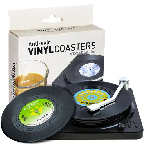 Funny Retro Record Coasters for Drinks with Vinyl Player Holder for Music Lovers,Set of 6 Conversation Piece Sayings Drink Coaster,Housewarming Hostess Wedding Registry Gift Ideas