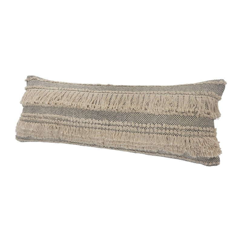 14x36 Inch Black and Natural Cotton Striped Fringed Lumbar Pillow - Handmade Decor