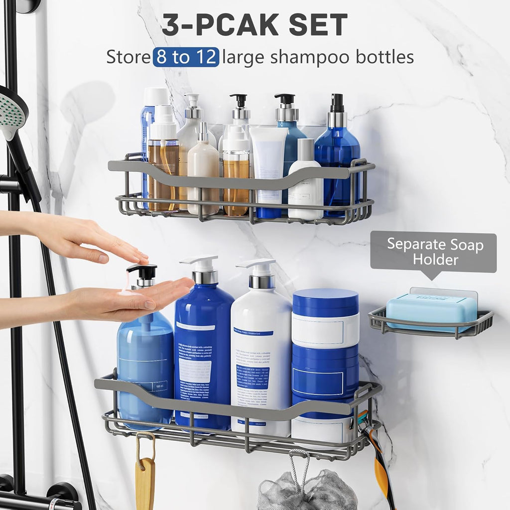 Omaira Shower Caddy - 3-Pack Adhesive Rustproof Organizer with Soap Holder for Smooth Walls | Grey, X-Large