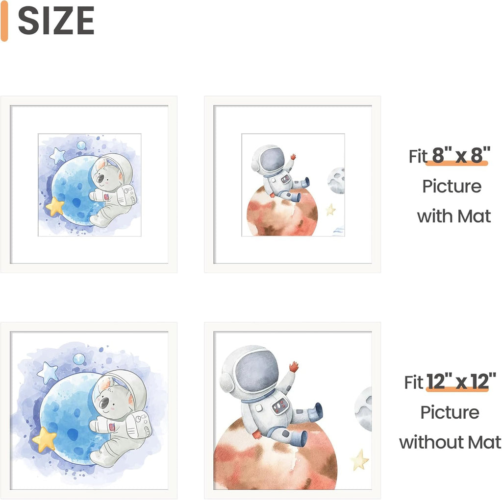Upsimples 12x12 Picture Frame - Display 8x8 Photos with Mat or 12x12 Without - White, 1 Pack