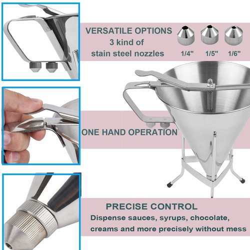 Stainless Steel Confectionery Funnels with Stand and 3 Nozzles, Commercial Grade Cake Decorating Tool Bakery Use, Precise Dispensing and Filling