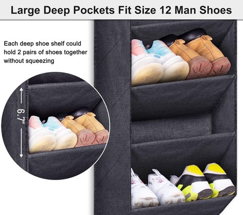 SLEEPING LAMB Over The Door Shoe Organizer for Closet with Large Deep Pockets, Narrow Shoe Rack for Door Hanging Boots Storage, Black