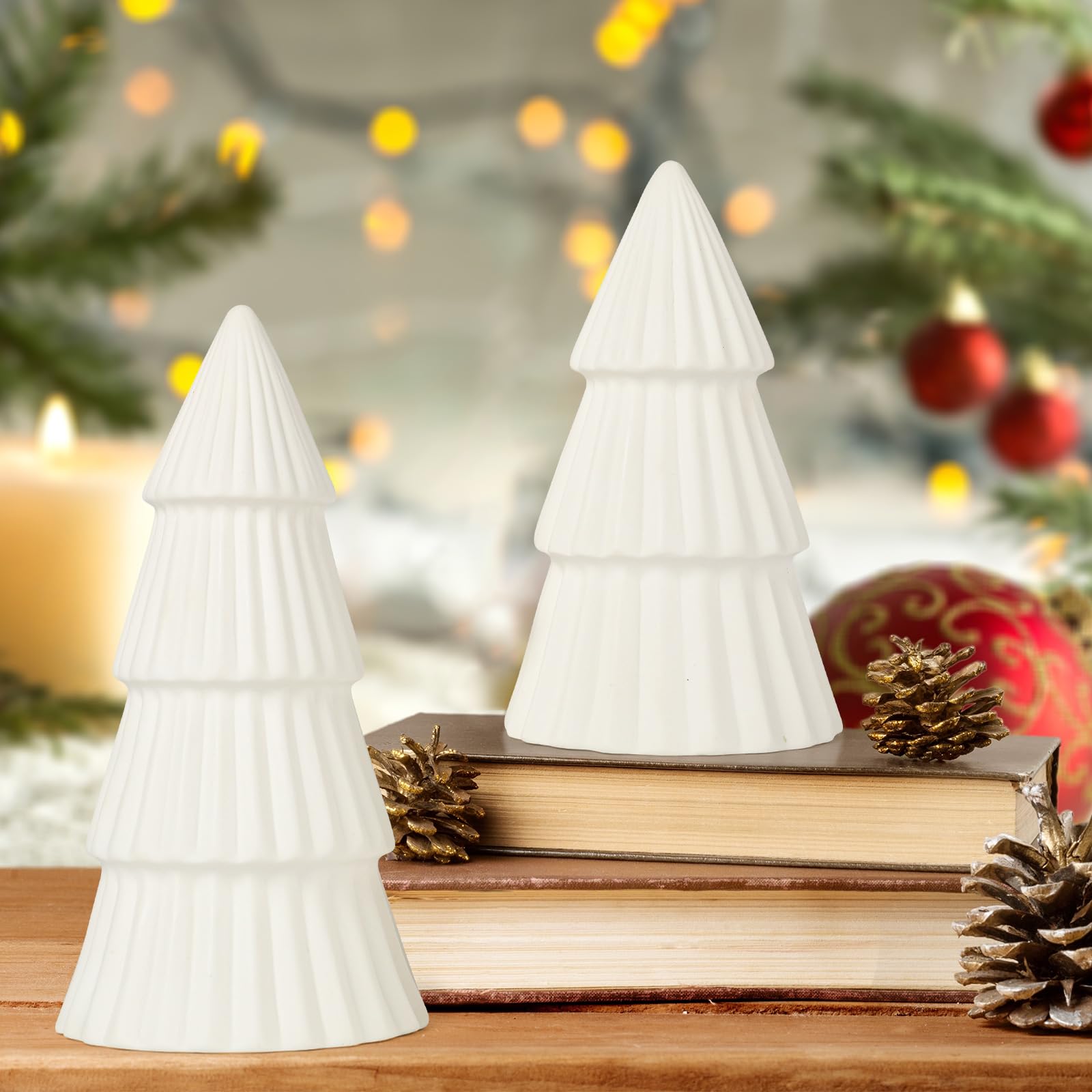 White Ceramic Christmas Tree, Porcelain Christmas Tree Table Decorations Farmhouse Christmas Decor Trees for Tabletop Winter Mantle Shelf Dinner Holiday Party Supplies Set of 2 (White)
