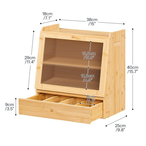 HOOBRO Bread Box, Bamboo Bread Box Storage Container with Drawer, 2-Tier Kitchen Countertop Food Storage Box with Acrylic Door, for Food, Natural YL21MB01
