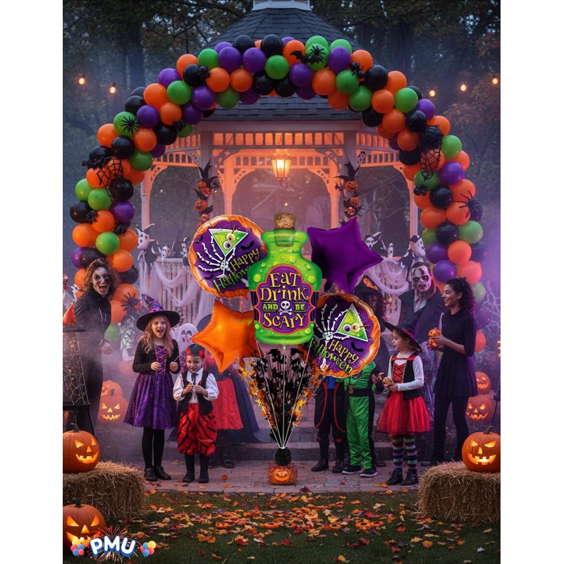 PMU Halloween Balloon Bouquet - Eat Drink And Be Scary Mylar Balloon Set, 5 Pieces Halloween Party Decoration