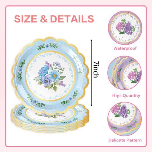 Plceucsrs 48Pcs Floral Paper Plates, 7 Inch Flower Party Plates Floral Disposable Plates for Tea Party, Birthday Baby Shower Garden Wedding Afternoon Decorations, 6 Styles (48, 7 inch)