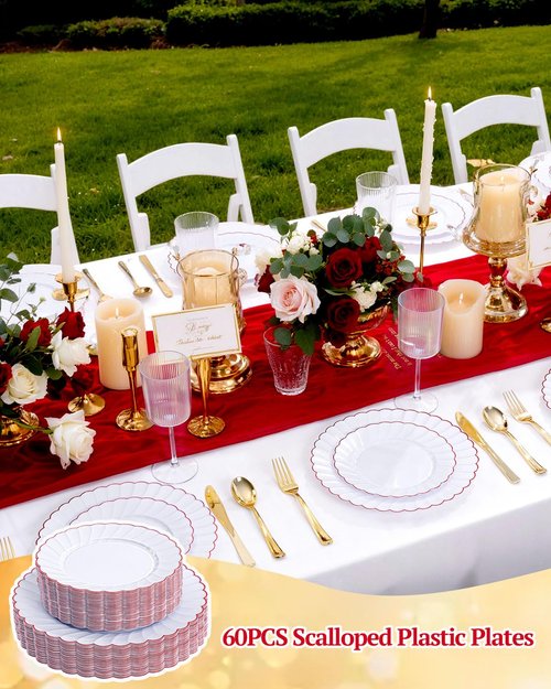YOUBET 60PCS Red Scalloped Plastic Plates - Heavy Duty White and Red Rim Disposable Plates include 30 Hard Dinner Plate, 30 Dessert Plate for Party & Wedding Easter Mothers Day