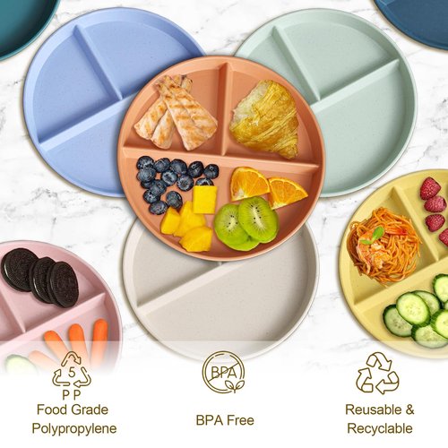 Divided Plates for Adults (8 Packs), Unbreakable Portion Control Plate Sectioned with Dividers, 9 Inch Plastic Food Separator Dinner Plates Lightweight Compartment BPA Free Reusable Microwave Safe