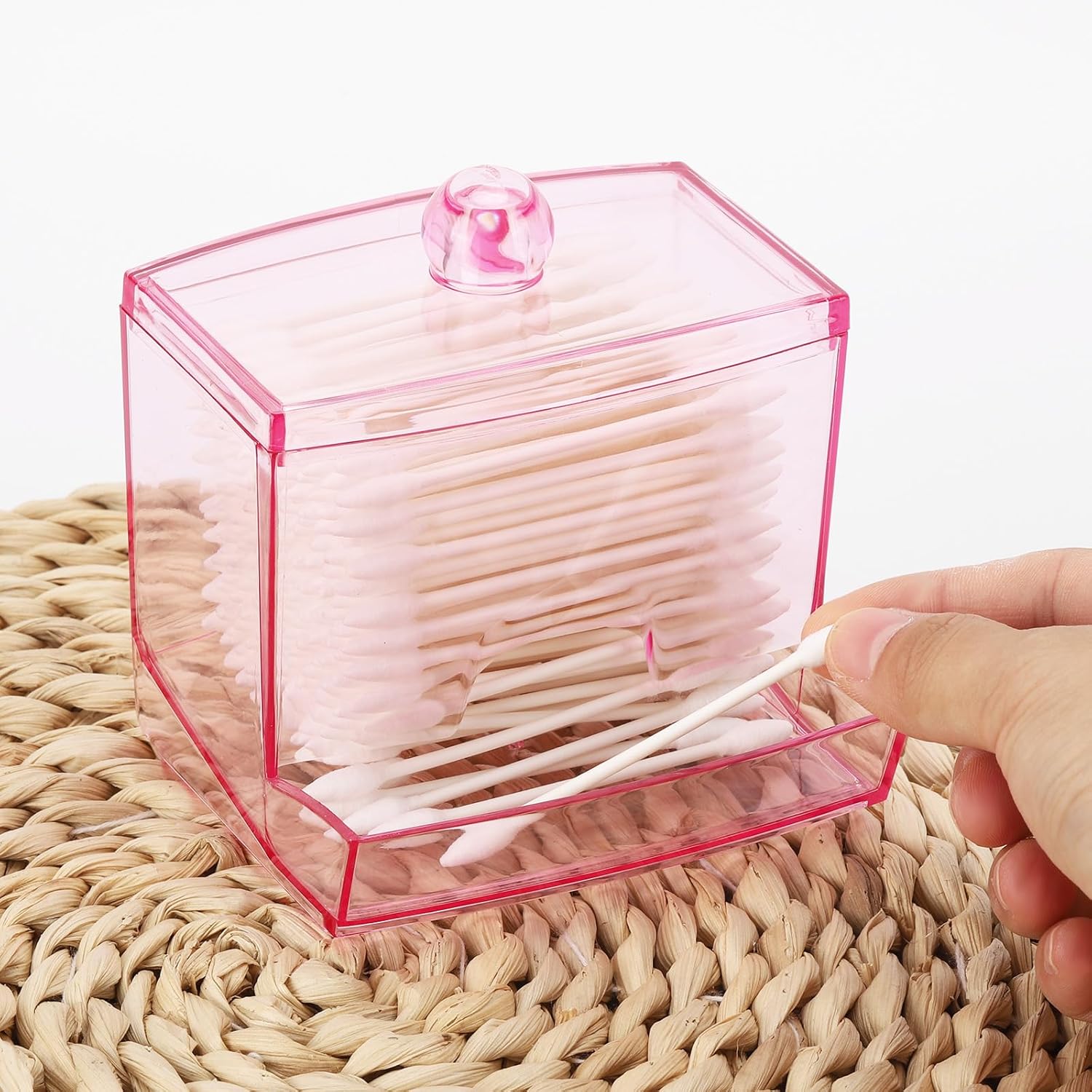 Tbestmax Cotton Swab Holder Dispenser - 10oz Bathroom Organizer for Qtips & Cotton Balls (Pink)