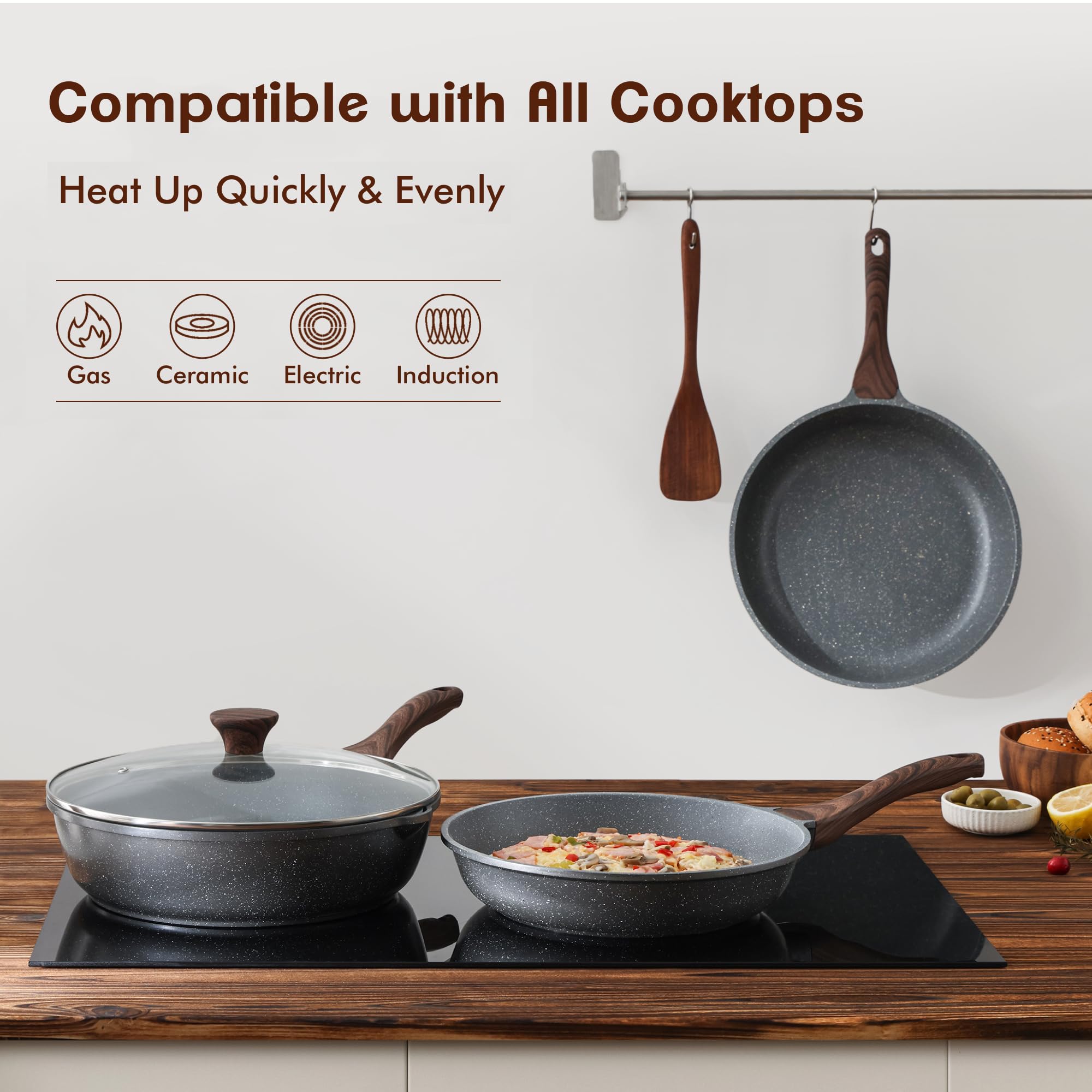 SENSARTE Nonstick Frying Pan Skillets, Swiss Granite Coating Omelette Pans, Healthy Cookware, Free of Intentionally Added PFOA (9.5 Inch Frying Pan and 5QT Saute Pan)