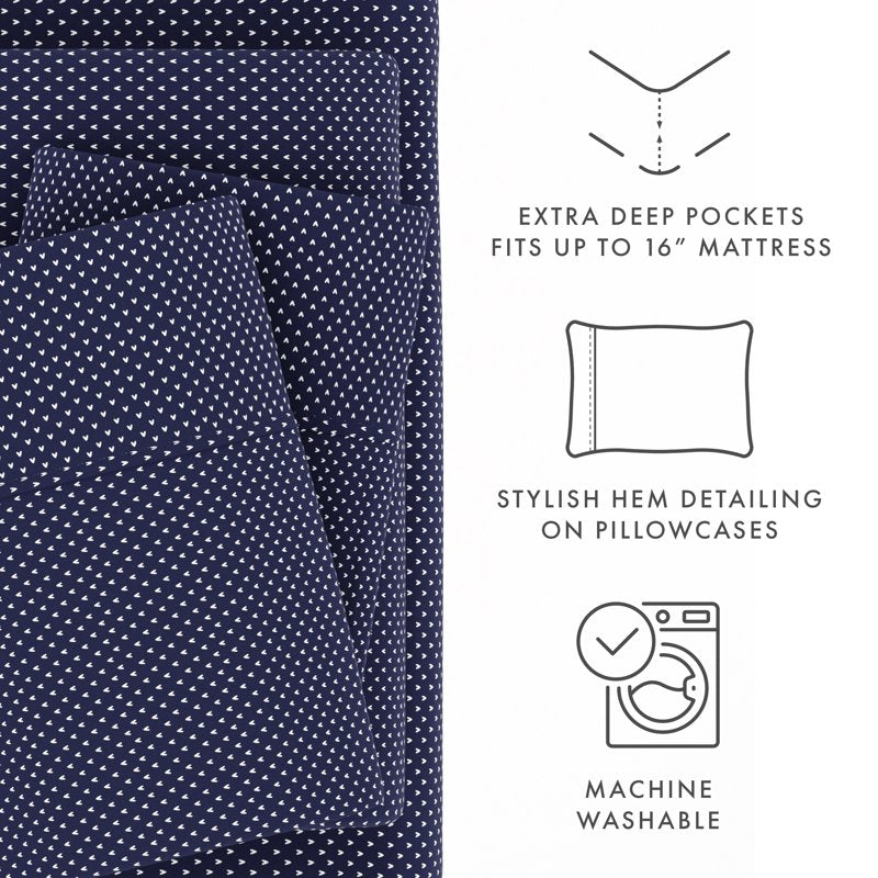 King Microfiber Bed Sheets Set - Heart Navy Pattern, 4 Piece
