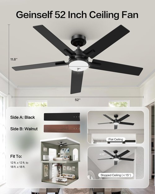 Geinself Ceiling Fans with Lights 52 Inch, Black Smart Ceiling Fan Compatible with Alexa/App/Remote Control, 5 Two-Sided Blades, Ultra Silent Reversible DC Motor LED fan for Bedroom, Living Room