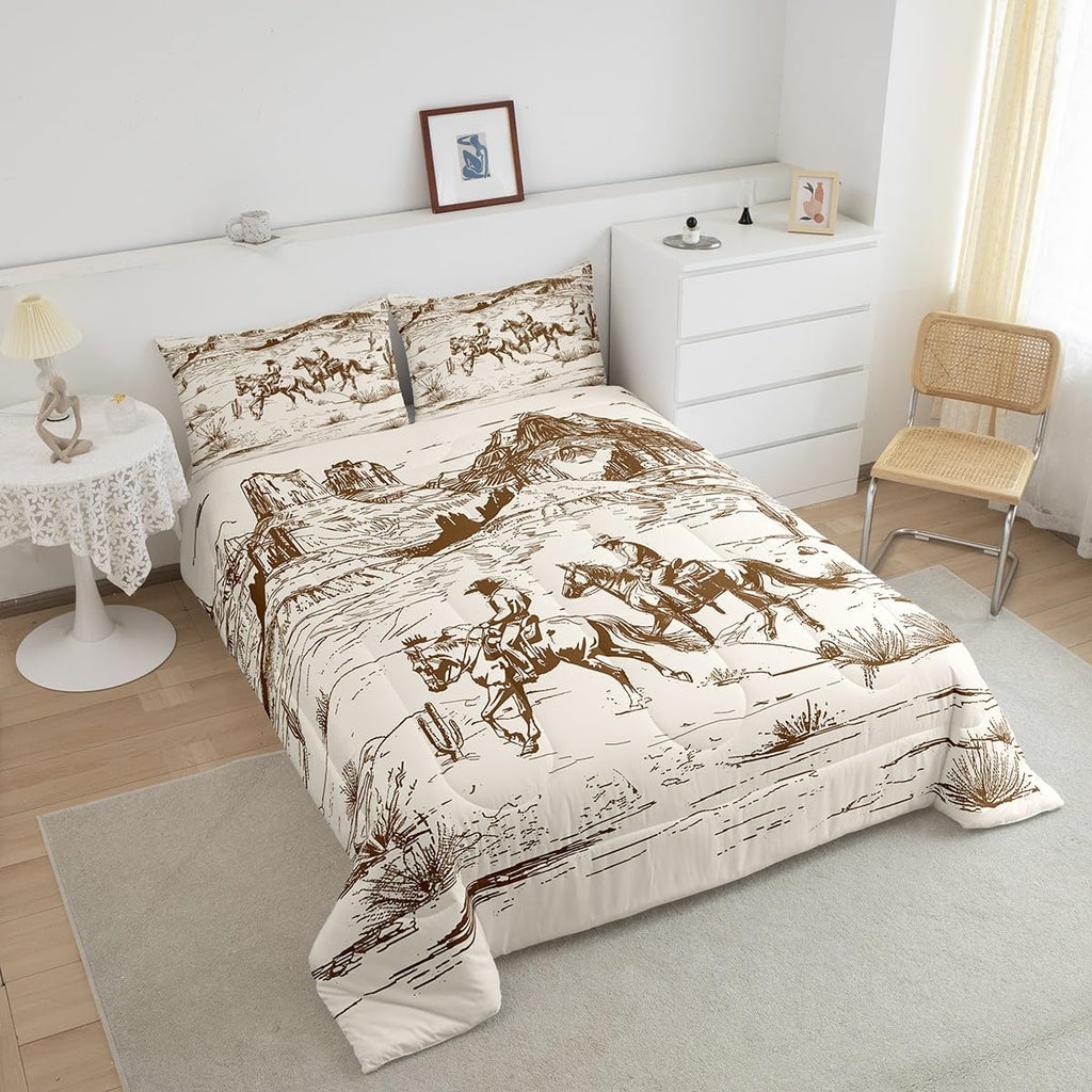 Erosebridal Cowboy Comforter Set Western Bedding Twin Size Wild West American Desert Hand Drawn Illustration Room Decor Down for Teens Boys Adults Men Girls Rustic Farmhouse Duvet Insert