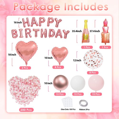 Rose Gold Happy Birthday Decorations for Women Pink and Rose Gold Biirthday Balloons Letters Banner with Heart-Shaped Champagne Bottle Lipstick Balloons Rose Petals for Room Birthday Party Decor