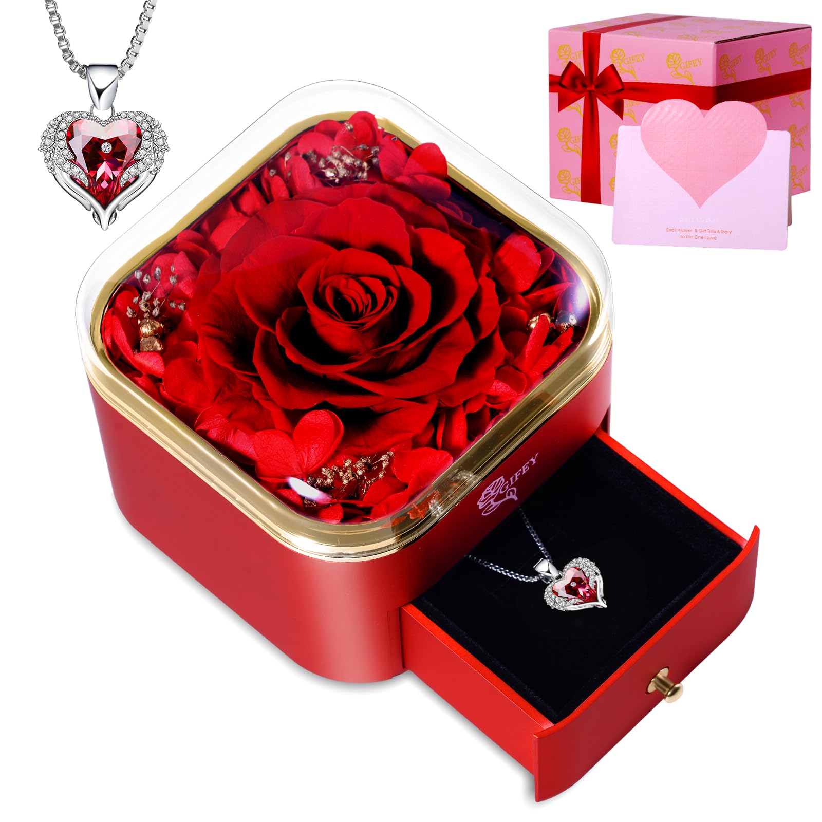 Preserved Real Rose with Necklace -Eternal Roses Forever Flower, Gifts for Her,Women Mom Wife Girlfriend Daughter Grandma Sister,Gifts Idea on Valentines Anniversary Birthday Thanksgiving