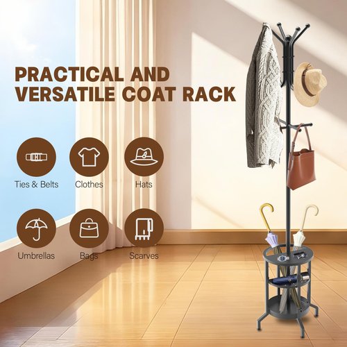 SMLZBJC Coat Rack with Umbrella Holder, Coat Rack Freestanding, Metal Coat Tree with 12 Hooks, Modern Coat Hanger Stand for Entryway Living Room Bedroom Office