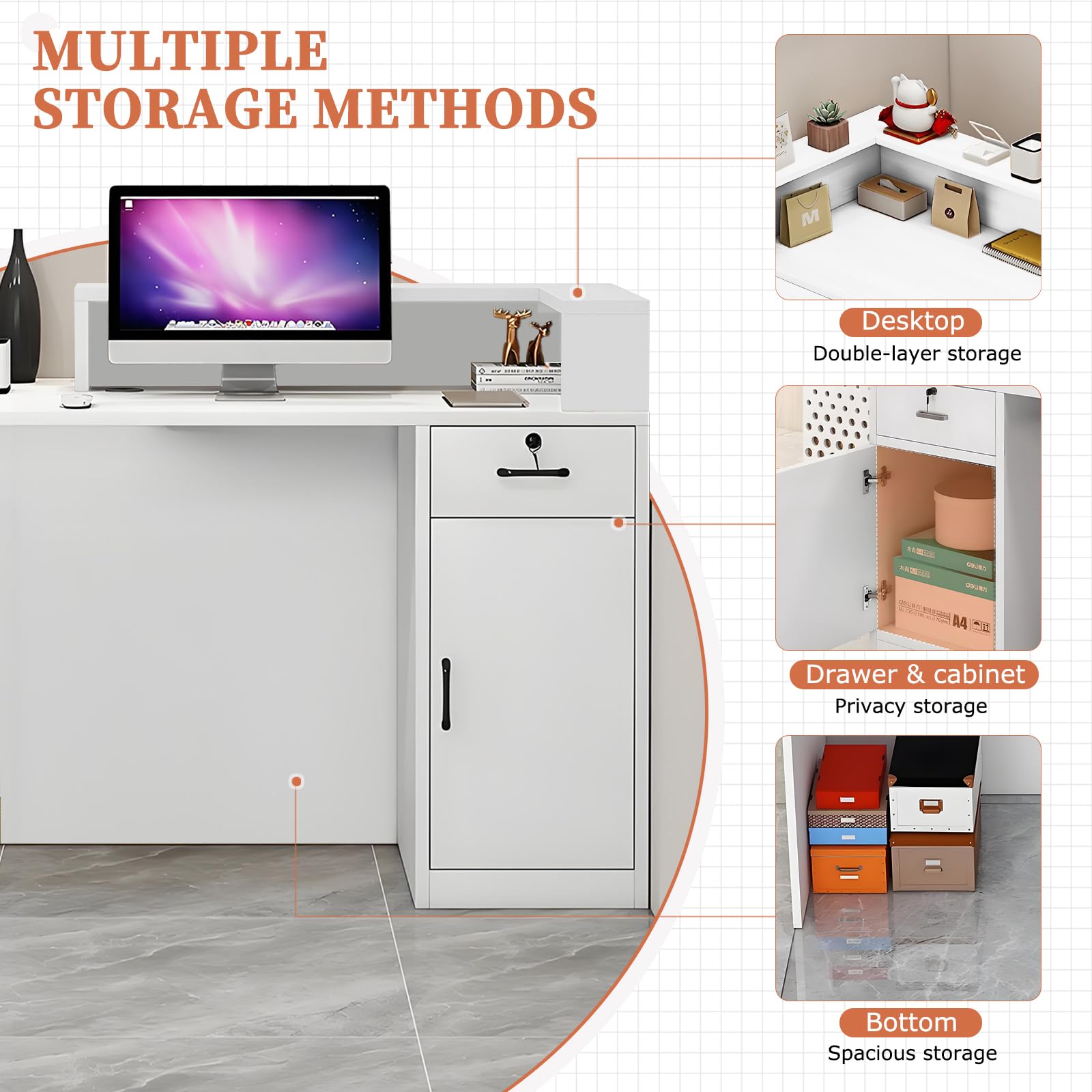 Modern Reception Desk with Drawer & Open Shelves, 39-95 Inch Front Counter Table, Computer Workstation Suitable for Salons, Offices, Lobbies, Retail Stores and Home Offices
