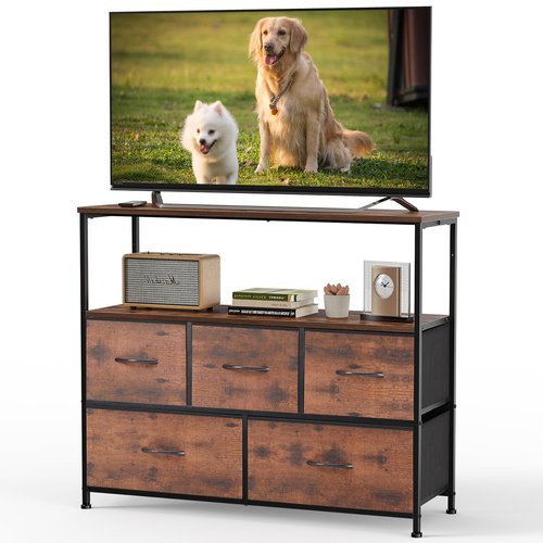 DUMOS TV Stand Dresser with 5 Fabric Storage Drawers, Media Console Featuring Open Shelf for 45 inch TV, Compact Entertainment Unit for Bedroom, Living Space, or Dorm Organization, Rust