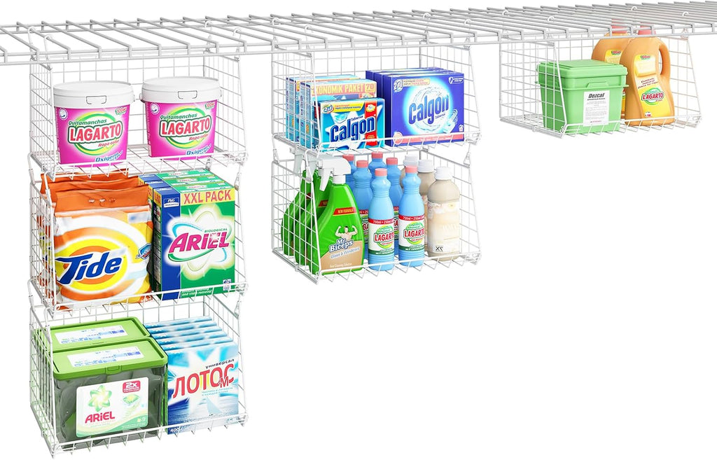 Skiennix 3-Tier Laundry Basket Organizer - Foldable Wire Shelf with 360° Rotating Hooks | Space-Saving White Design