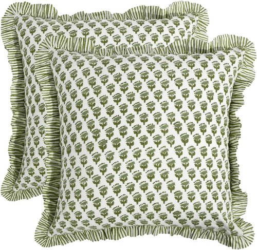 CPC Block Print Ruffle Throw Pillow Covers - Emerald Green 20"x20" | 100% Cotton Boho Decor for Living Room & Bedroom