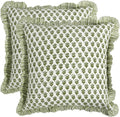 CPC Block Print Ruffle Throw Pillow Covers - Emerald Green 20"x20" | 100% Cotton Boho Decor for Living Room & Bedroom