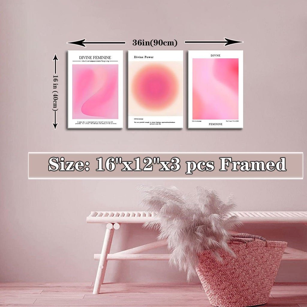 Skiennix Canvas Wall Art Set of 3 - Pink Gradient Aura Angel Posters | Framed 12x16 Inch Decor for Bedroom & Living Room