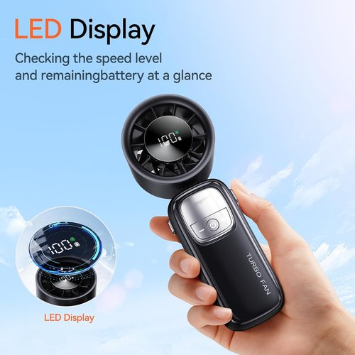KIMMOO 3-in-1 Portable Handheld Turbo Fan - 100 Speeds, 15000 RPM, 10-Hour Cooling, LED Display | Mini Foldable Travel Fan (Black)