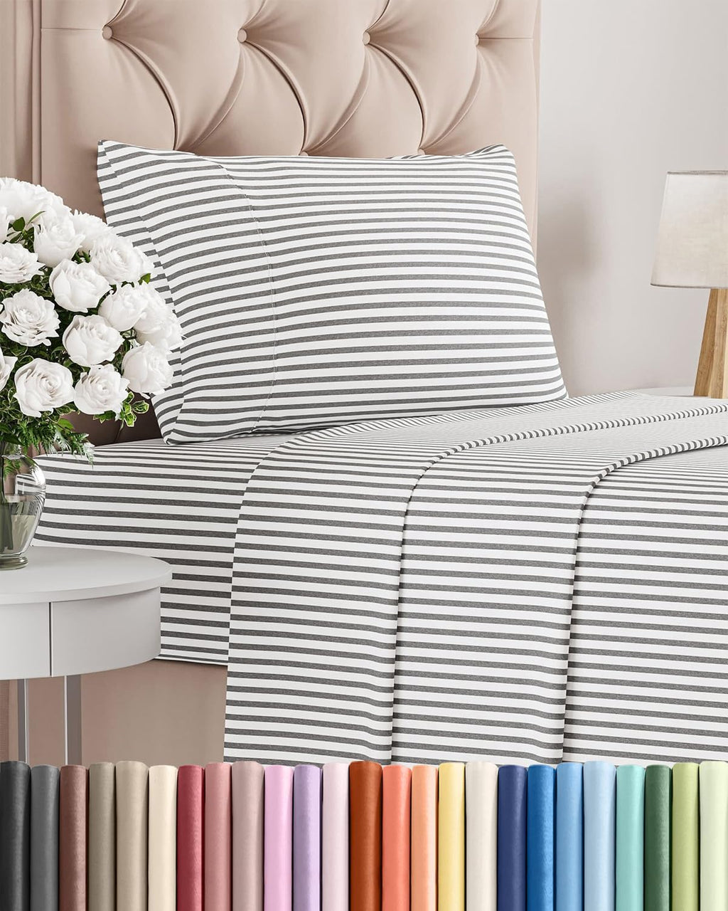 Skiennix Twin Size Sheet Set - Comfy Cooling Bed Sheets - Luxury Hotel Quality - Deep Pockets, Grey Stripes