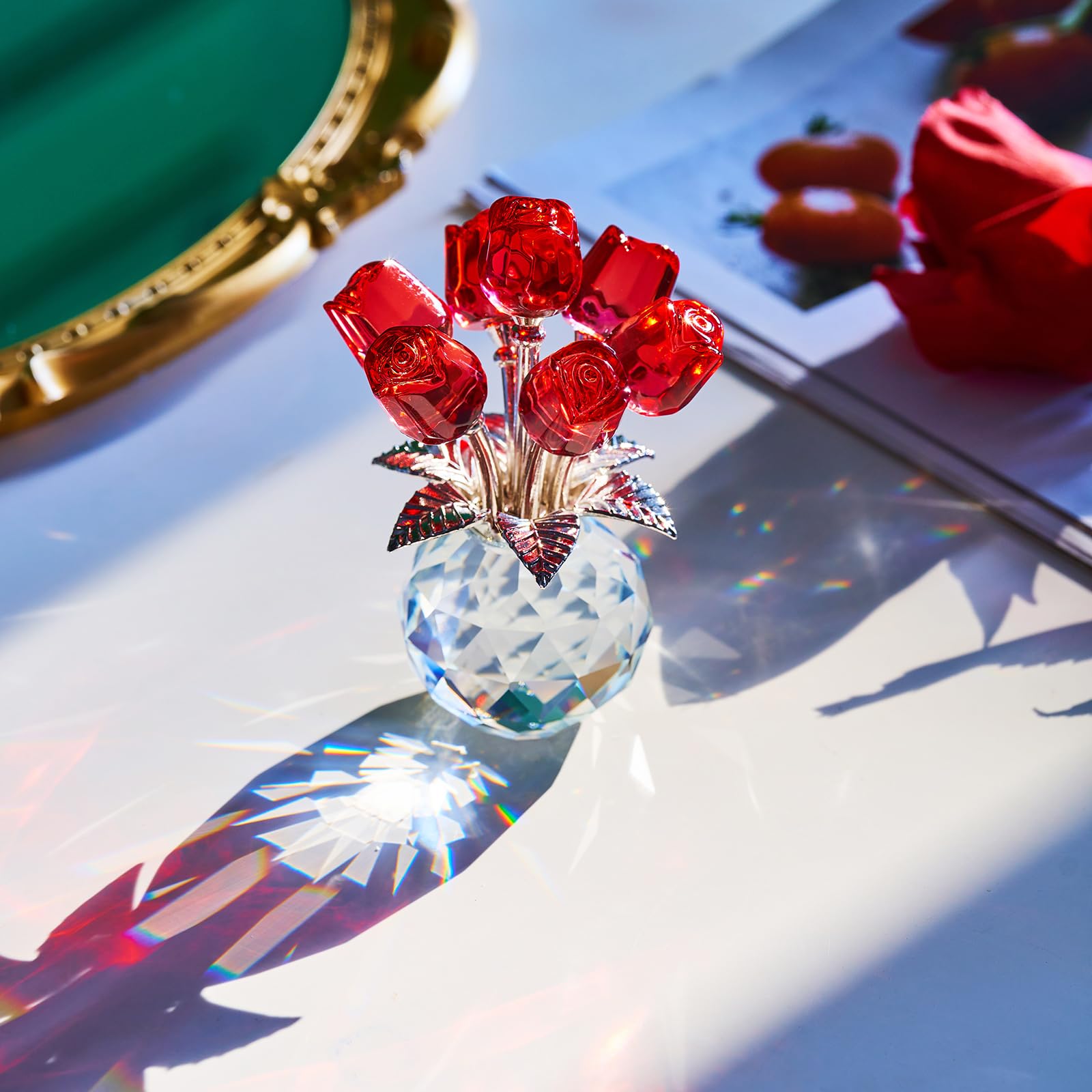 XLSJGYP Red Rose Crystal Flower Paperweight,Glass Flower Gifts for Sister Girlfriend Women Girl Wife,Crystal Flowers Bouquet Collectible for Valentine's Day Wedding Anniversary (Red Rose 02)