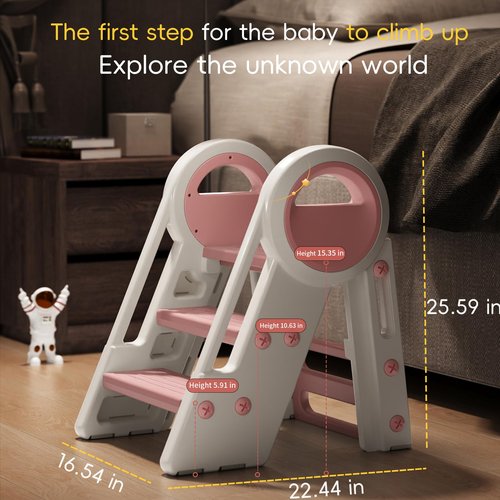 MELOLAND Toddler Step Stool Foldable for Kids,Turns from 3 Layers into 2,for Bathroom Sink (Pink)