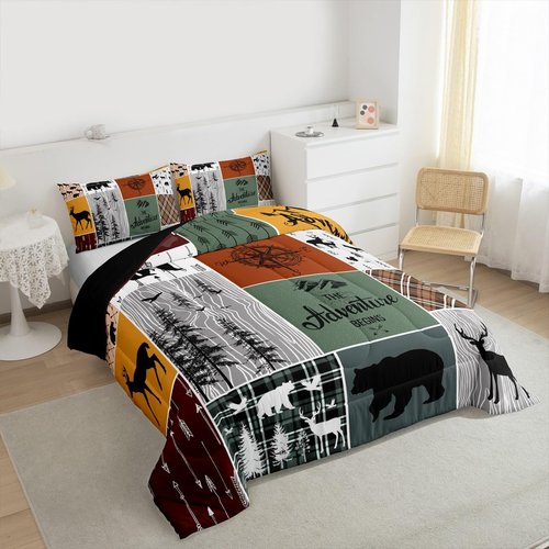 Cabin Retro Rustic Lodge Comforter Set, Bear Deer Country Bedding Twin, Hunting Wild Animal Quilt Plaid Check Adventure Themed Bedding Comforter Sets For Kids Boys Teens Adult Men Bedroom Decor