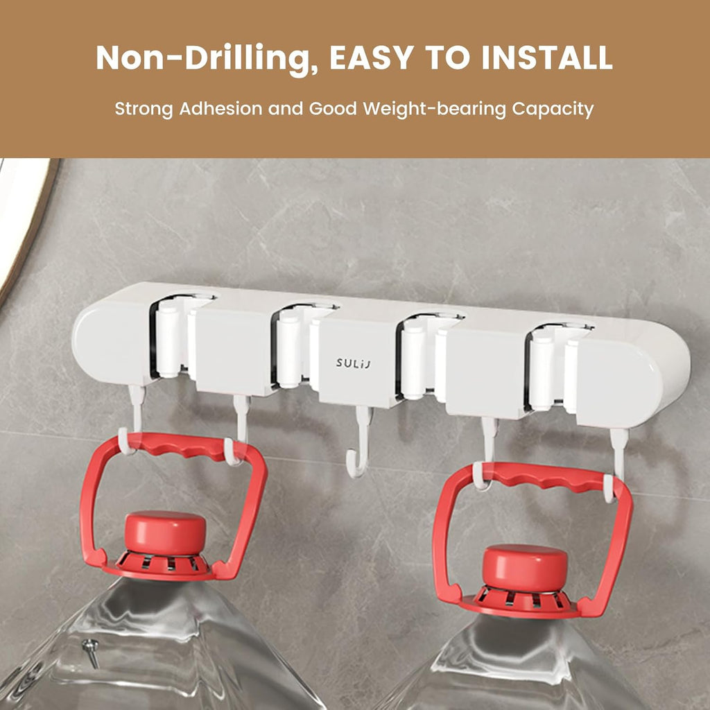 Skiennix Broom Holder Wall Mount - No-Drilling Self-Adhesive Storage Rack with Hooks | 2 Pcs, White