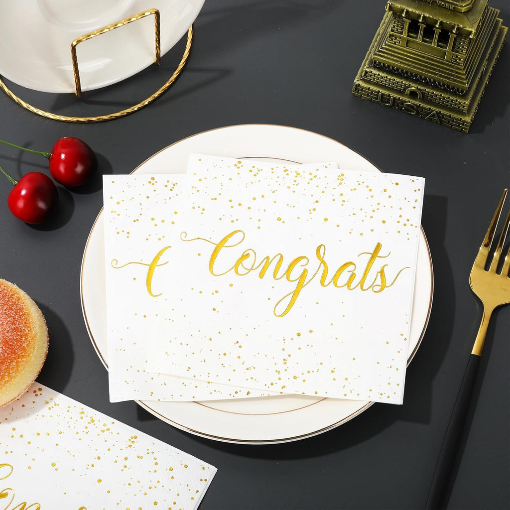Whaline Cocktail Napkins - 80 Pcs White Gold Foil Congrats Design | Perfect for Graduation & Celebrations