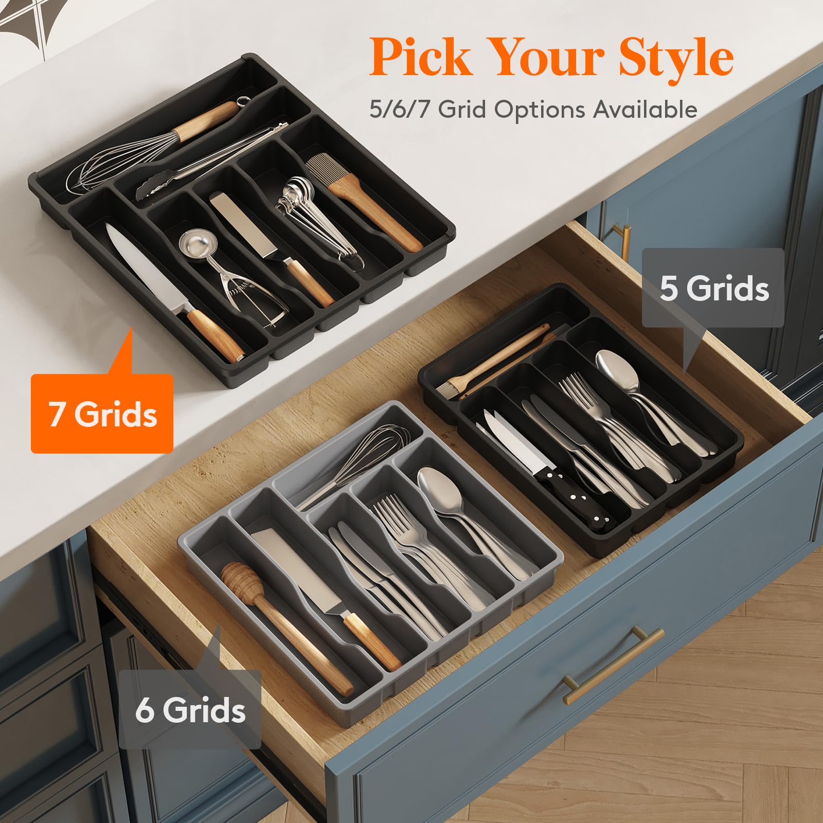 Lifewit Silverware Drawer Organizer Tray, Plastic Cutlery Storage for Kitchen, Flatware and Utensil Holder Divider for Spoons Forks Knives Tableware, 12.3 x 14.2", 7 Slots, Gray