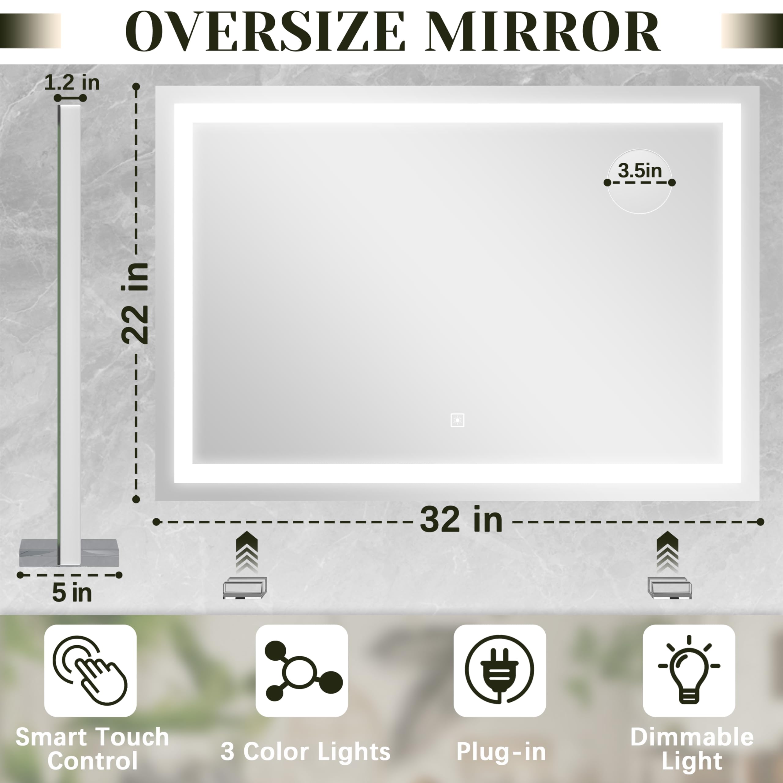 ROLOVE 32x 22 Inch Large Lighted Vanity Mirror with Dimmable 3 Modes, LED Makeup Mirror for Bathroom ＆ Dressing Room, Tabletop or Wall-Mounted, White