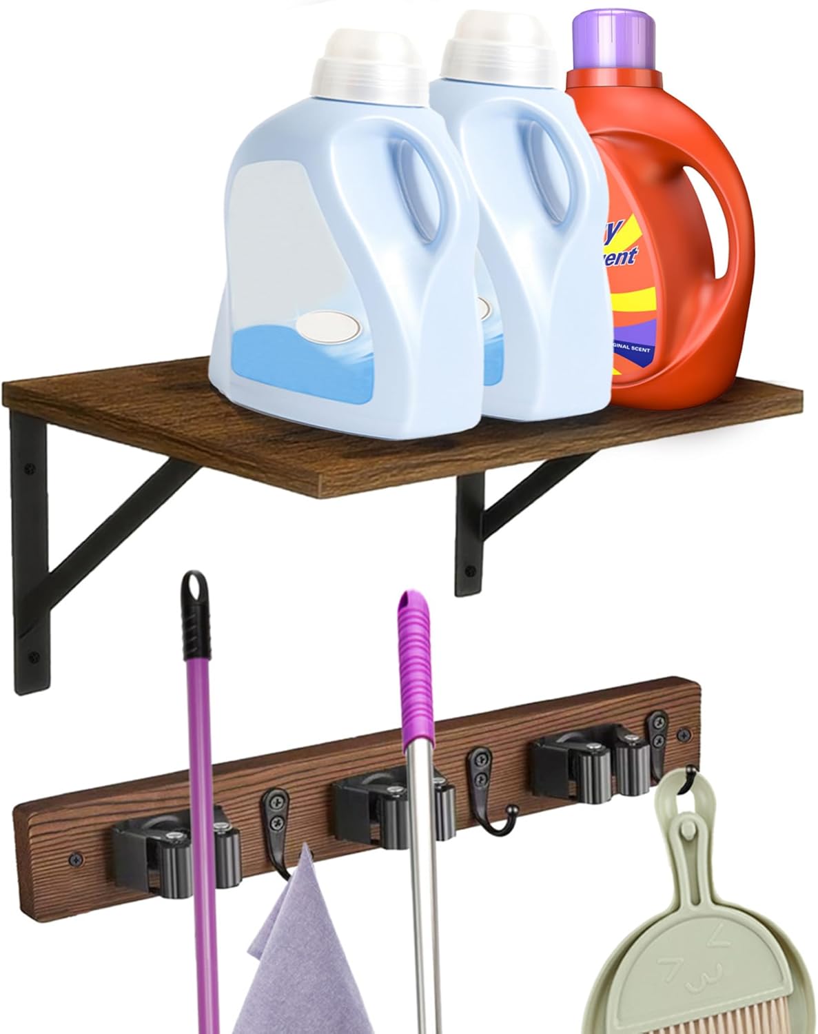 Skiennix Broom and Mop Organizer - Rustic Farmhouse Wall-Mounted Storage Rack for Laundry Room | Brown