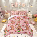 Capybara Lover Bedding Set, Capybaras Decor Comforter Set Twin For Kids Girls Bedroom, Cartoon Rodent Animals Quilted Duvet Capybara Decorations Watermelon Strawberry Duvet Insert Kawaii Decor, Pink
