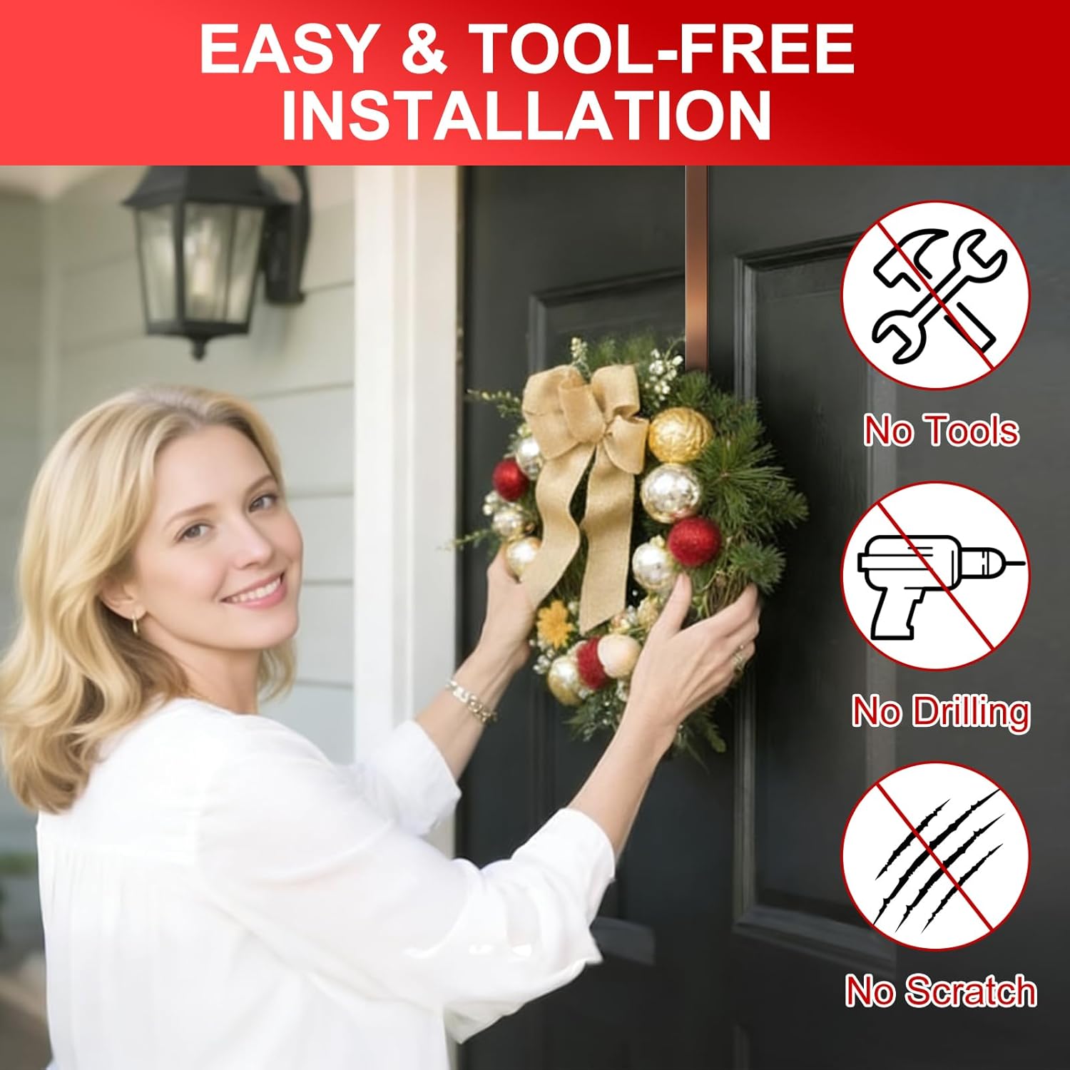 Skiennix 2-Pack Adjustable Wreath Hangers - Heavy Duty Metal Over The Door Hooks (12.5-20") for Easter & Welcome Signs