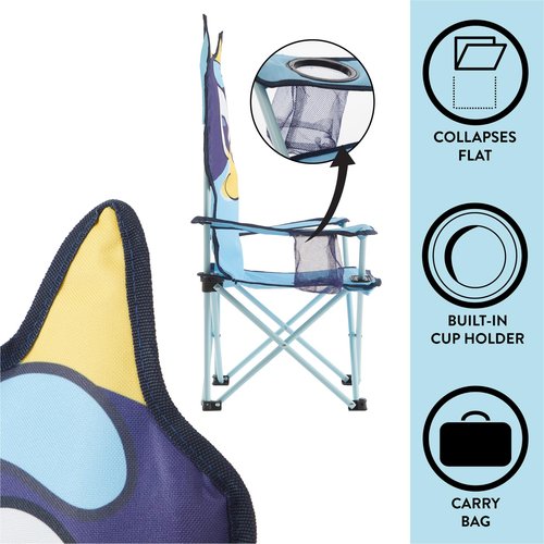 Bluey Kids Folding Camp Chair, Portable Outdoor/Indoor Chair with Carry Bag, Cup Holder, High Back, Lightweight & Durable for Ages 3+