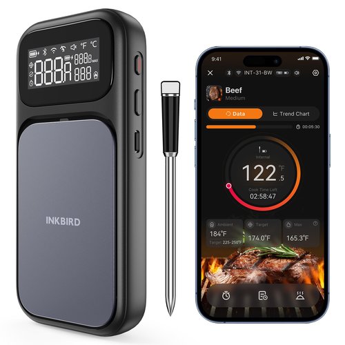 INKBIRD WiFi 5G Wireless Meat Thermometer Digital, 4 Sensor Smart Bluetooth Digital Food Thermometer, NIST Approved Accuracy 0.5°F, Temp Alarms for Rotisserie Air Fryer Sous Vide Grill Oven BBQ