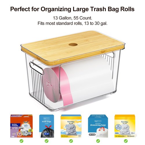 2 Pack Trash Bag Holder with Bamboo Lid, Stackable Acrylic Trash Bag Dispenser Roll Holder Under Sink, Plastic Container Garbage Bags Storage Organizer for Kitchen, Pantry, Laundry Room Organization